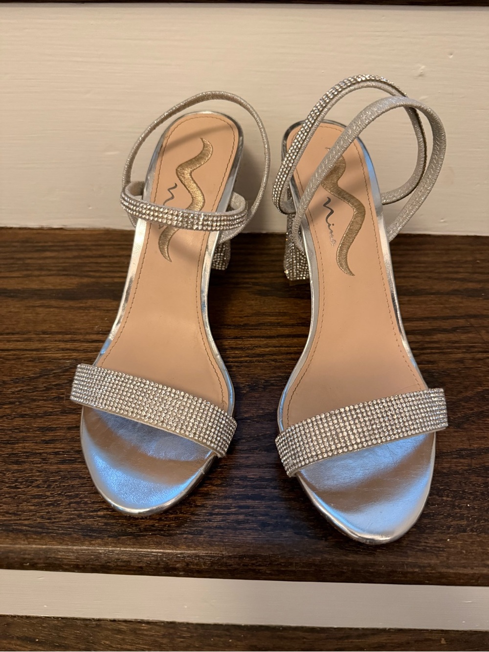 Nina Silver Rhinestone Block Heel Sandals